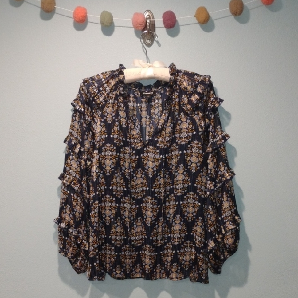 Express Navy Floral Ruffle Long-Sleeve Blouse
